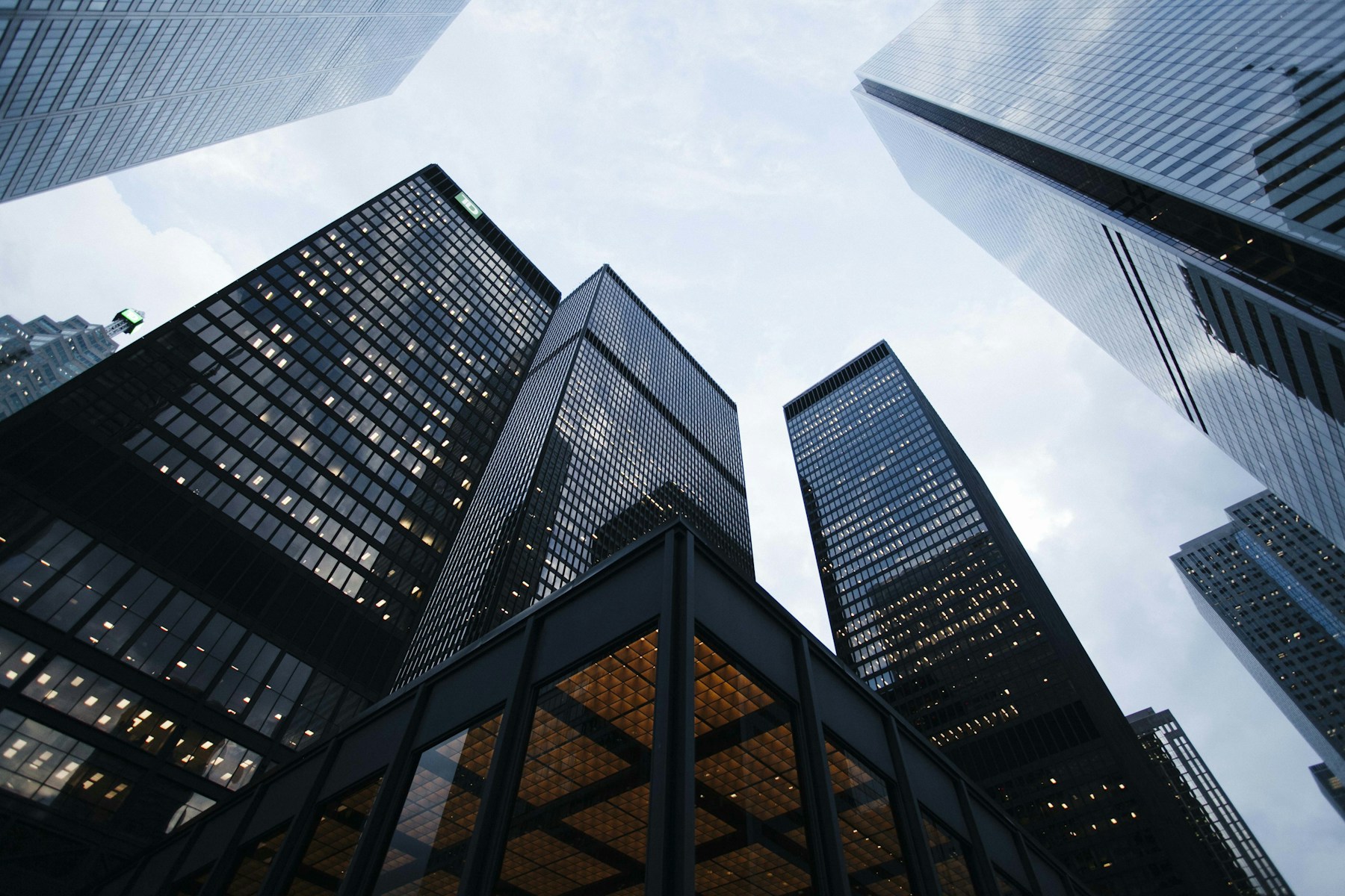 Looking up through the buildings of a commercial district
